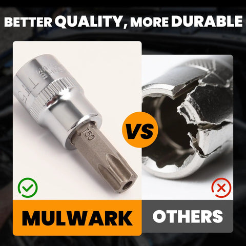 Comparison of 64-Piece Torx Socket Set With Three Eighths, One Quarter, And One Half Inch Drives, showing quality vs competitors.
