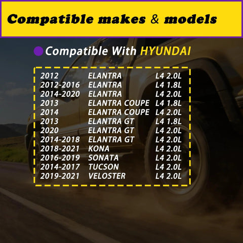 Hyundai compatibility chart for 2 Pcs Intake And Exhaust VVT Solenoids Set Compatible With Hyundai Sonata Elantra Coupe GT Tucson Kona.