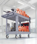 Heavy Duty Rolling Utility Cart 550 Lb Capacity, 2 Tier Service Cart With 360 Degree Swivel Wheels And Brakes On Two Front Casters, Built Tough Plastic Trays, Garage Workshop Organizer Gray, shown loaded with tools