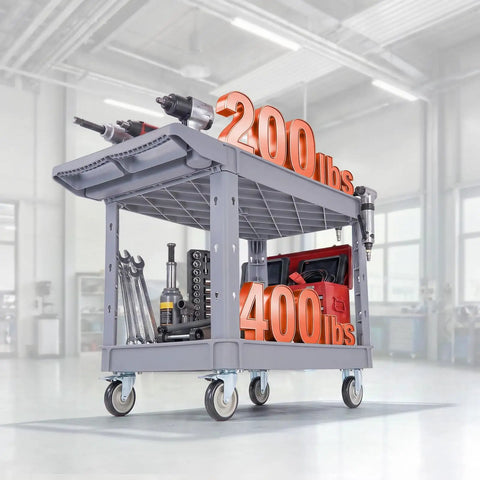 Heavy Duty Rolling Utility Cart 550 Lb Capacity, 2 Tier Service Cart With 360 Degree Swivel Wheels And Brakes On Two Front Casters, Built Tough Plastic Trays, Garage Workshop Organizer Gray, shown loaded with tools