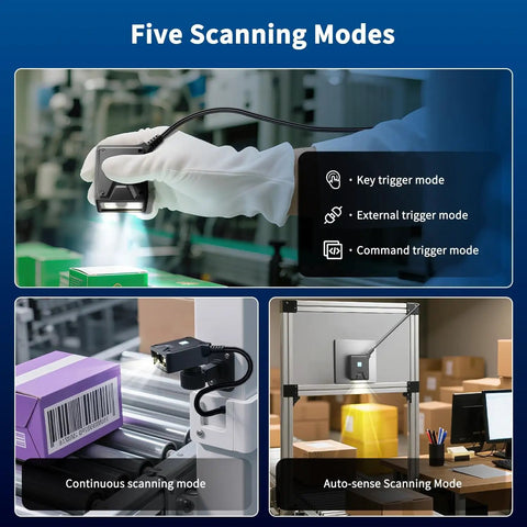 Workhorse Fixed Barcode Scanner With 4 In 1 Scanning Modes USB Interface 1D 2D QR Reader shown in five scanning modes