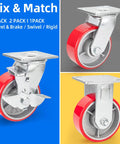 5 Inch Industrial Caster Set Of 4 With Brakes, Heavy Duty Swivel Plate Casters With Quiet Polyurethane Wheels On Steel Hubs
