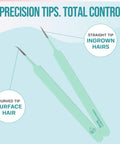 Ingrown Hair Tweezers Set 2 Pack With Curved And Pointed Tips For Precision Hair Removal, Stainless Steel With Protective Case, Great For Razor Bumps, Splinters, And Facial Hair. Two stainless steel tweezers shown: curved tip and straight tip.