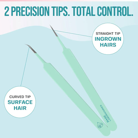 Ingrown Hair Tweezers Set 2 Pack With Curved And Pointed Tips For Precision Hair Removal, Stainless Steel With Protective Case, Great For Razor Bumps, Splinters, And Facial Hair. Two stainless steel tweezers shown: curved tip and straight tip.