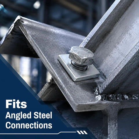 Twelve Piece Heavy Duty Beveled Wedge Washers Engineered For Zero Slack Shim Leveling Solid Bolt Stabilizer on angled steel connections.