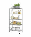 Five Tier Wire Shelving On Wheels With Adjustable Shelves In 1 Inch Increments And Leveling Feet, 30 In W X 14 In D, Chrome Plating.