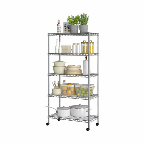Five Tier Wire Shelving On Wheels With Adjustable Shelves In 1 Inch Increments And Leveling Feet, 30 In W X 14 In D, Chrome Plating.