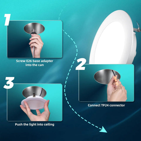 Installation steps for FREELICHT 4 Pack Retrofit LED Recessed Lighting 4 Inch, 5CCT, White with E26 adapter and TP24 connector.
