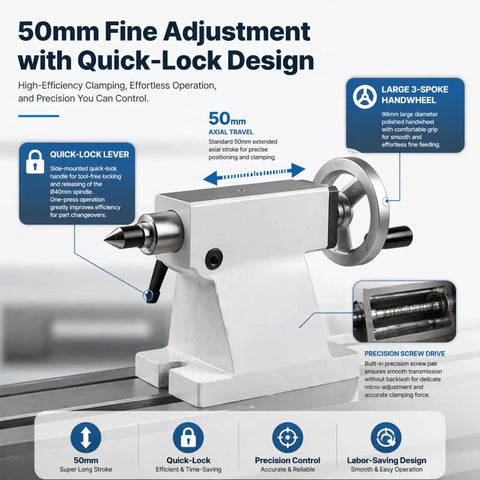 Heavy Duty Lathe Tailstock With 50 Mm Travel And Mt2 Mt3 Taper Options For Cnc 4 Axis Rotary Tables with quick-lock design and 50mm adjustment.