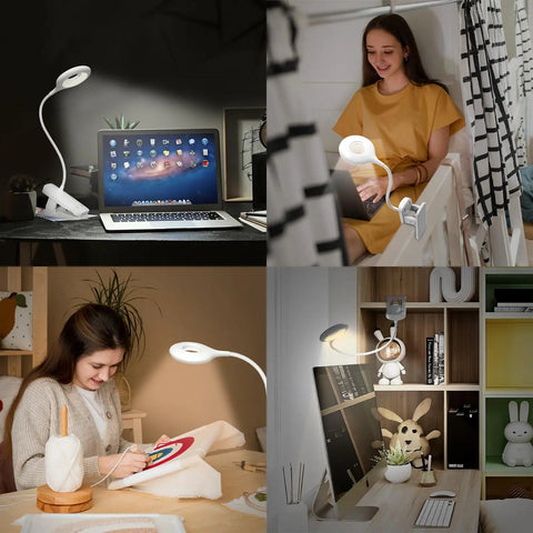 Clip On Reading Light For Bed Headboard With Rechargeable Battery USB C Charging Five Color Options And Five Brightness Levels Flexible Neck LED Night Lamp Eye Protect Desk Light For Kids And Dorm being used in various settings like a desk, bed, and study area by children and teenagers.