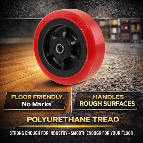 Beefy 6 Inch By 2 Inch Polyurethane Caster Wheel Set Of Four With Roller Bearing 1/2 Inch Bore Industrial Rated Heavy Duty
