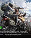 Video game scene showcasing difference between FreeSync ON and OFF modes, highlighting smoother gameplay with FreeSync enabled.