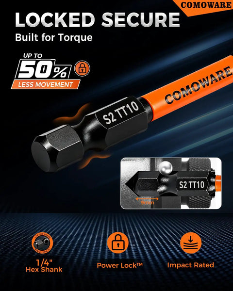 Heavy Duty 36 Piece Impact Torx Bit Set With S2 Steel One Quarter Inch Driver Bits showing power lock feature and S2 TT10 label