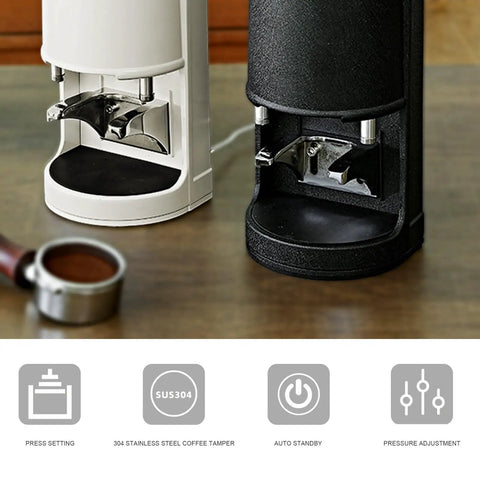Heavy Duty Electric Coffee Tamper, Auto Sensing Espresso Press With Adjustable Steel Stand And Kickproof Base For Smooth Daily Grinds, Slick Fit For Top Tier Barista Moves in white and black.