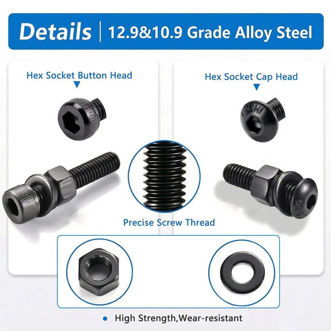 1600 Pcs M3 Screw Kit With 12.9 Socket Cap Head And 10.9 Socket Button Head Screws showing alloy steel details