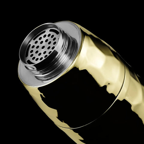 Top view of Vibes On Point 25 Oz Gold Vacuum Insulated Cocktail Shaker With Jigger And Strainer featuring a strainer lid.
