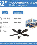 52 Inch Flush Mount Ceiling Fan With Remote And Dimmable Lights In Matte Black Five Reversible Blades In Amrilo Or Walnut