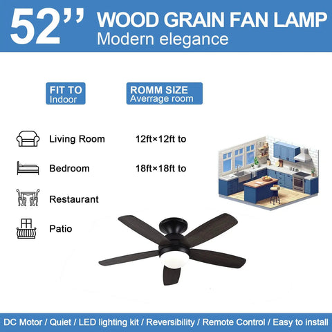 52 Inch Flush Mount Ceiling Fan With Remote And Dimmable Lights In Matte Black Five Reversible Blades In Amrilo Or Walnut
