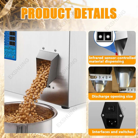 Game Changing Automatic Powder Filling Machine With Two Hundred Gram Capacity And Point Three Gram Accuracy packing beans from a stainless steel outlet.