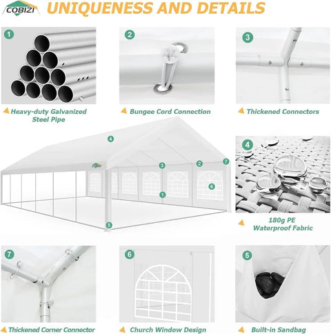 Heavy Duty 20x40 Outdoor Party Tent With 12 Sidewalls And 16 Church Windows White Event Shelter For Backyard Parties Weddings And BBQs Powder Coated Finish Better Than Galvanized For Maximum Durability shown with material details and design features.