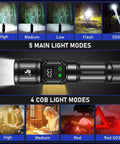 Beast Mode 10000 Lumen LED Flashlight with digital display demonstrating 5 main light modes, zoomable focus for camping and hiking
