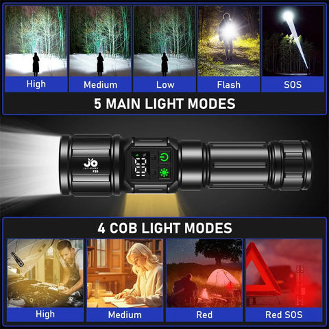 Beast Mode 10000 Lumen LED Flashlight with digital display demonstrating 5 main light modes, zoomable focus for camping and hiking