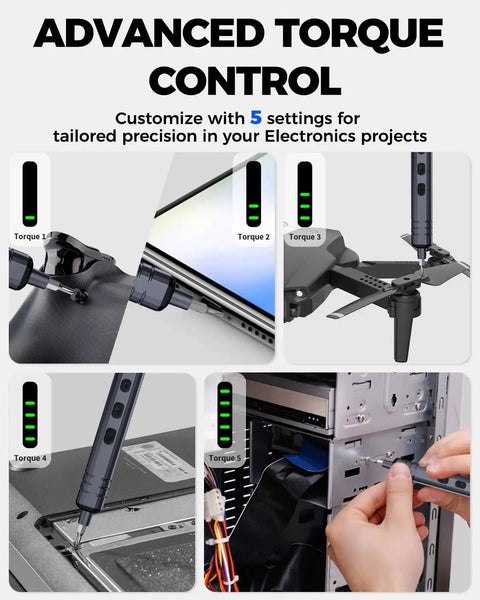 Mini Electric Screwdriver Set 140-In-1 for DIY Pros demonstrating torque settings on electronics