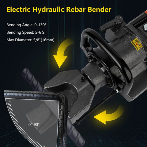Handheld Electric Hydraulic Rebar Bender, 900 Watt Motor For 5/8 Inch And 16 Mm Rod Steel with bending angle and gauge.