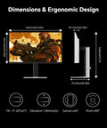 27 Inch Gaming Monitor With 200 Hz Refresh Rate 1440P QHD Fast IPS 1ms Response No Lag Built In Speakers Adaptive Sync 131 Percent sRGB Adjustable Tilt Swivel Pivot Height Ergonomic Stand HDMI DisplayPort White H27T6 shown with ergonomic dimensions and adjustability features.