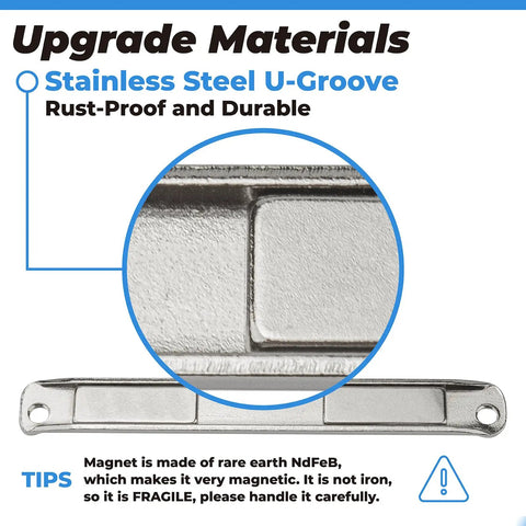 Close-up of Stainless Steel U Channel Shower Door Magnet with Screws for Swing Doors, showing U-groove.
