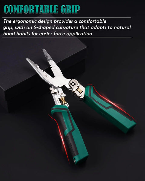 8 In 1 Wire Stripper Tool With Voltage Tester For 10-18 AWG, featuring ergonomic green handles and multifunctional pliers
