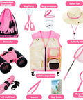 Girls Outdoor Explorer Kit With Bug Catcher Gear For Backyard Adventures including safari vest, hat, binoculars, and tools.