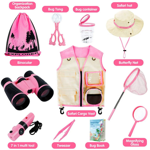 Girls Outdoor Explorer Kit With Bug Catcher Gear For Backyard Adventures including safari vest, hat, binoculars, and tools.
