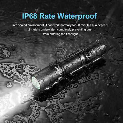 Tool AA Two Point Zero EDC Flashlight Like A Boss Pocket Sized Keychain Torch With 650 Lumens Of XPL HD Power shown in waterproof setting