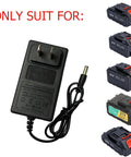 21V 2A Lithium Tool Battery Charger Replacement For Mini Chainsaws, Cordless Grass Trimmer, Weed Eater shown with compatible battery packs