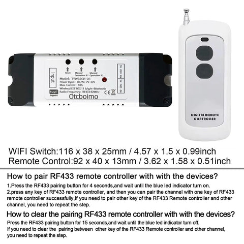 Front view: white WiFi smart linear actuator controller with dual-relay module and remote