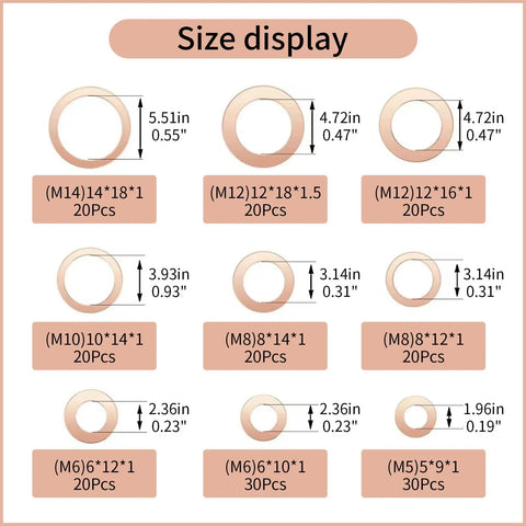 Red Copper Crush Washer Kit 200 Pcs Assortment With 9 Sizes For Oil Plugs Sealing Set Tight Leakproof Fit High Heat Resistance