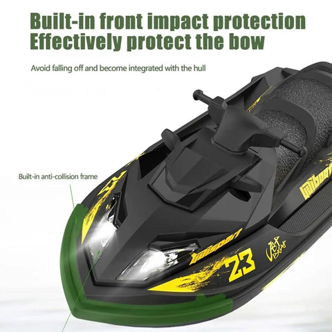 Close-up of High Speed Turbo RC Jet Boat With Dual Batteries, showcasing built-in front impact protection and anti-collision frame