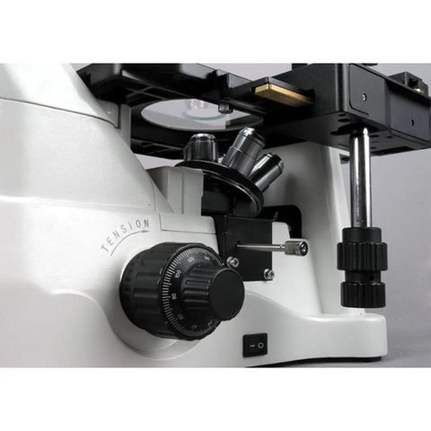 Inverted Microscope With Phase Contrast And Fluorescence 40X To 1200X Magnification Mercury Lamp Illumination Trinocular Head Siedentopf Binocular Mount Plan High Eyepoint Widefield Eyepieces Ideal For Biology Buffs And Materials Analysis close-up of focus knob and objectives