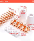 Ultimate 32pc Pt31 Plasma Cutter Consumables Kit featuring durable electrodes and high temp nozzles with size labels.