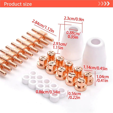Ultimate 32pc Pt31 Plasma Cutter Consumables Kit featuring durable electrodes and high temp nozzles with size labels.