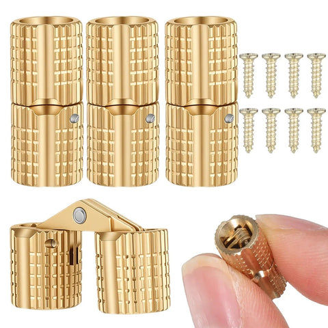 Built to Last Sleek Concealed Brass Barrel Hinges Set With 8mm Drill Bit and 180 Degree Opening, shown with screws