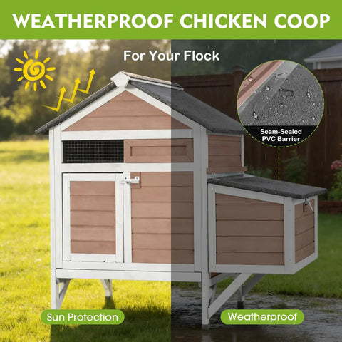 Weatherproof Cozy Two Chickens Outdoor Coop With Expandable Run Small Wooden Hen House With Nesting Box in a grassy yard