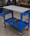 Boss Level Portable Welding Table 36 By 18 Inch Steel Workbench With Hella Tough 1200 Lb Load Rating Brake Lock Casters And Killer Tool Tray For Garage Projects, blue with tools on lower shelf.
