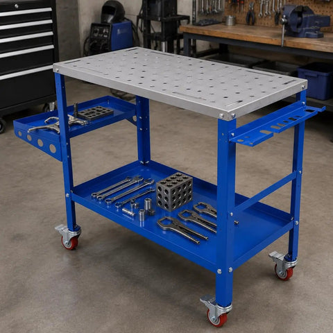 Boss Level Portable Welding Table 36 By 18 Inch Steel Workbench With Hella Tough 1200 Lb Load Rating Brake Lock Casters And Killer Tool Tray For Garage Projects, blue with tools on lower shelf.