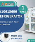 New Upgraded Start Relay And Capacitor W10613606 For Whirlpool Kenmore KitchenAid Refrigerators packaging with open fridge