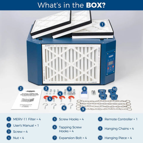 Heavy Duty Shop Air Filtration System Pulling 1350 CFM With A Killer 360 Degree Vortex Fan and included accessories.