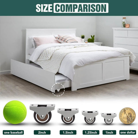 Size comparison image showing Built Different One Inch Mini Caster Wheels beside common objects for scale.