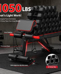 Beefy Adjustable Weight Bench For Home Gym Foldable And Space Saving With 8 Backrest Angles shown holding dumbbells, 1050 lbs capacity