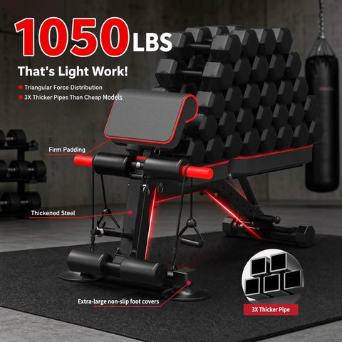 Beefy Adjustable Weight Bench For Home Gym Foldable And Space Saving With 8 Backrest Angles shown holding dumbbells, 1050 lbs capacity